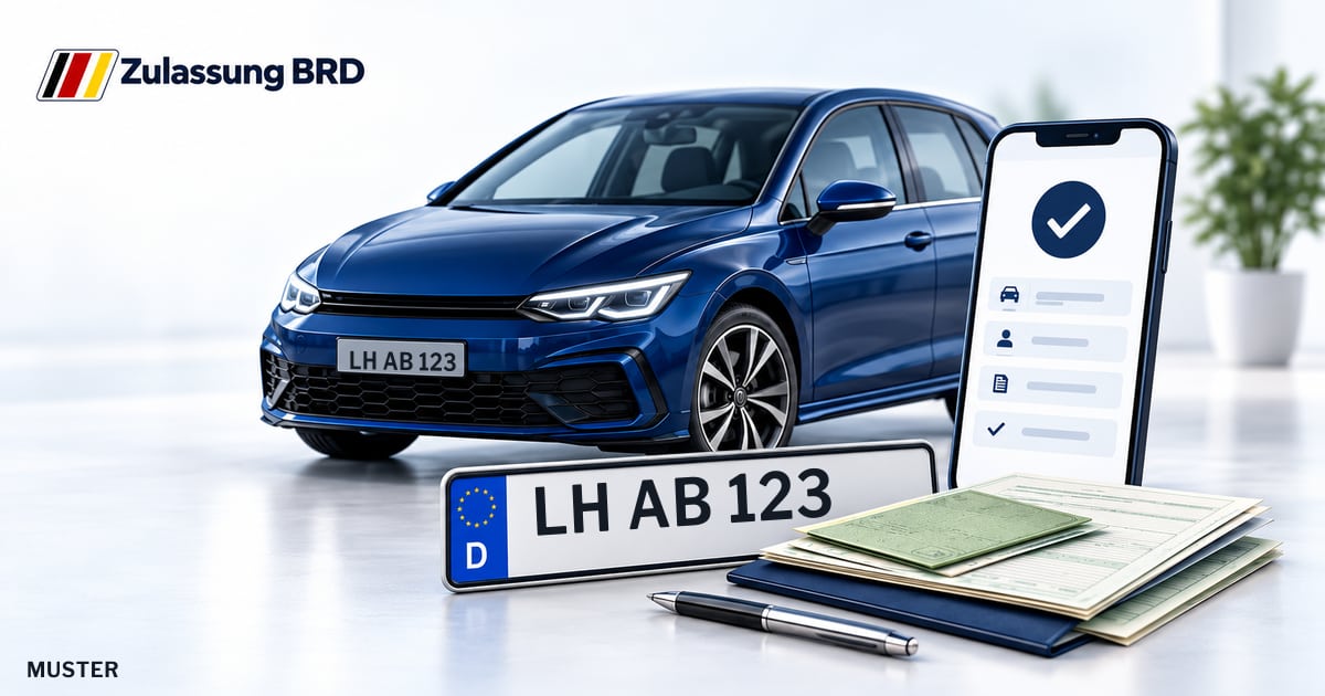 Online Fahrzeugzulassung in Dülmen: Musterkennzeichen LH AB 123, Auto und Fahrzeugpapiere und Smartphone. Illustration mit Logo von Zulassung BRD.